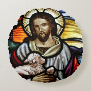 Der gute Hirte; Jesus auf Buntglas Rundes Kissen