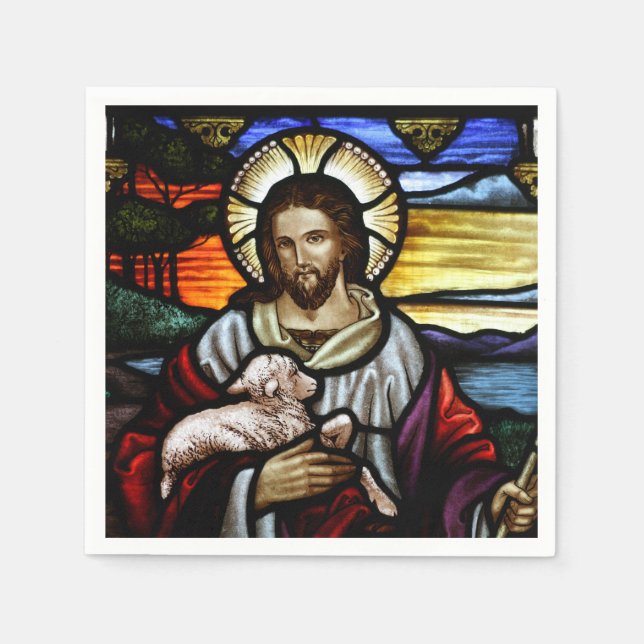 Der gute Hirte; Jesus auf Buntglas Serviette (Vorderseite)