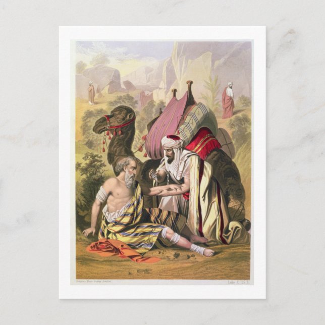 Der gute Samariter aus einer Bibel, gedruckt von E Postkarte (Vorderseite)