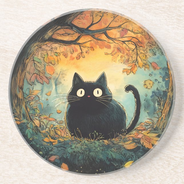 Der Herbst lässt eine gemütliche schwarze Katze fa Getränkeuntersetzer (Vorne)