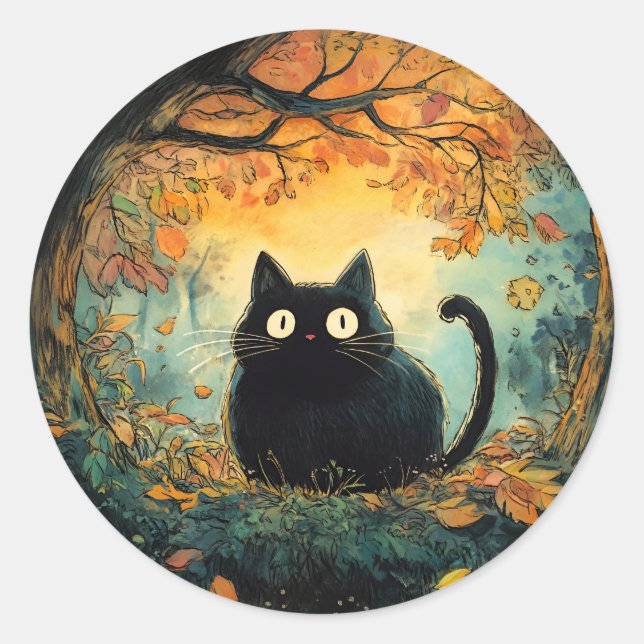 Der Herbst lässt eine gemütliche schwarze Katze fa Runder Aufkleber (Vorderseite)
