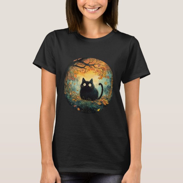 Der Herbst lässt eine gemütliche schwarze Katze fa T-Shirt (Vorderseite)