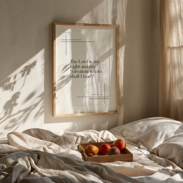 Der Herr ist mein leichter Psalm 27 Print Poster (Minimalist Psalm 27 wall art in a neutral modern room with wooden furniture and soft light.)
