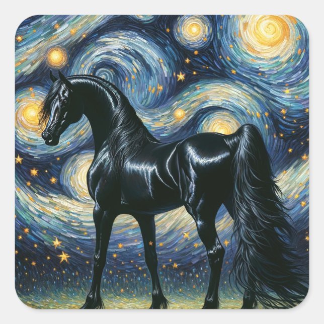 Der herrliche schwarze Stallion in der Sternennach Quadratischer Aufkleber (Vorderseite)