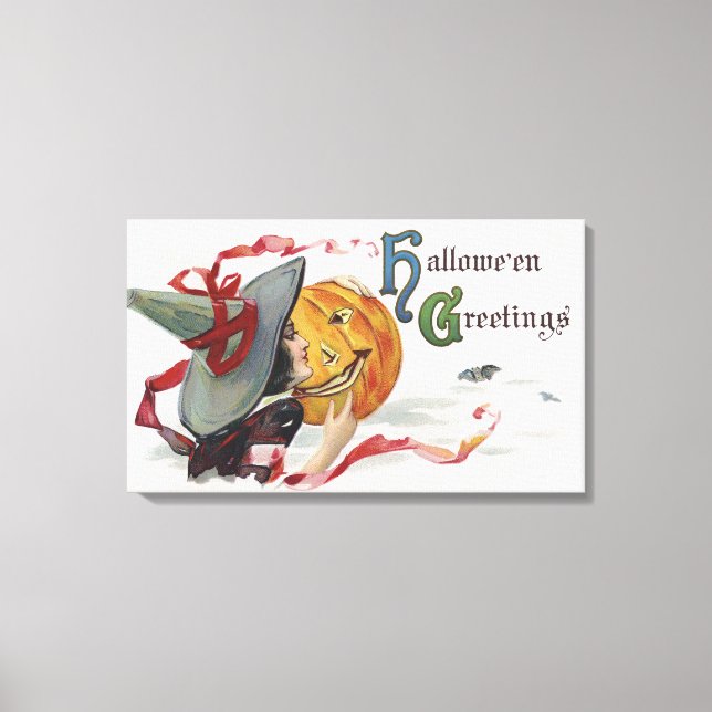 Der Hexenkuss: eine Kürbislaterne zu Halloween Leinwanddruck (Vorderseite)