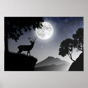 Der Hirsch unter dem Schwarzweißmond Poster