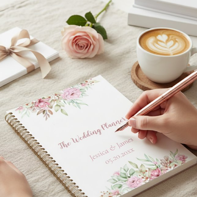 Der Hochzeitsplaner, elegant, blumenreich Planer (Soft lifestyle moment with a spiral planner for journaling and reflection)