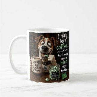 Der Hund sagt die Wahrheit über das Trinken von Ka Kaffeetasse