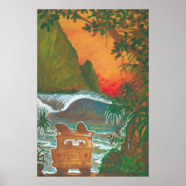 Der Hund und der Surf Van beim Sonnenuntergang Poster (Vorne)