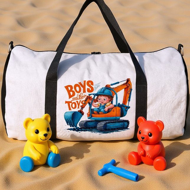 Der junge Entdecker: Junge auf Bulldozer Duffle Bag (Von Creator hochgeladen)