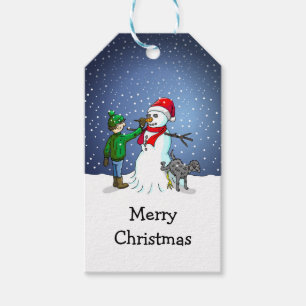 Der Junge, Hund und Schneemann auf Geschenkanhänge Geschenkanhänger