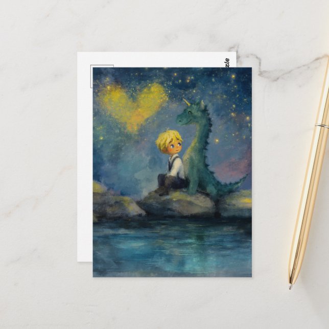 Der Junge und sein Drache am Teich Postkarte (Vorderseite/Rückseite Beispiel)
