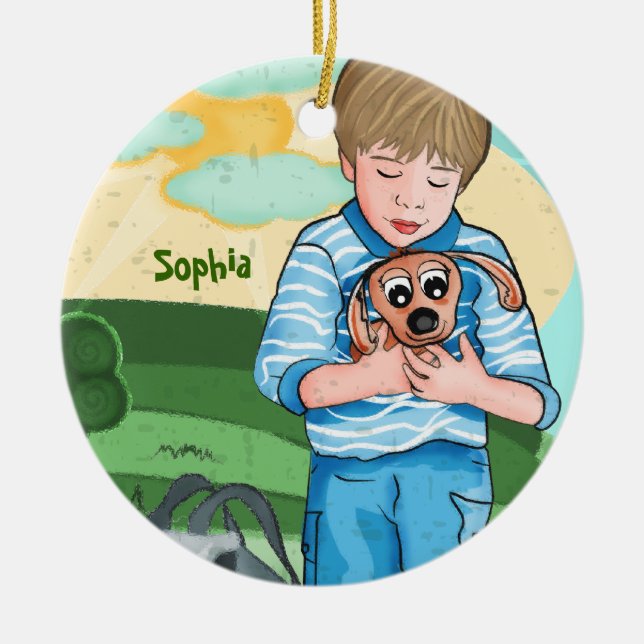 Der Junge und seine Hundekinderverzierung Keramikornament (Vorne)