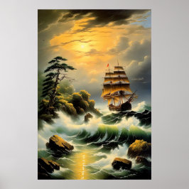 Der Kampf des Schiffes durch die Wavy Seas Poster