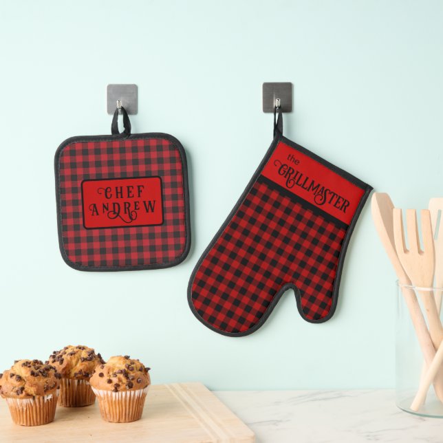 Der Karierte Grillmaster Black und Red Lumberjack Ofenhandschuh & Topflappen-Set (Insitu (Hängend))