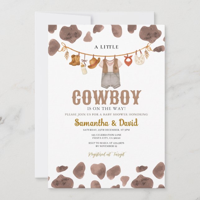 Der kleine Cowboy ist auf dem "Way Cow Pattern" Einladung (Vorderseite)
