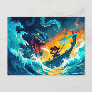 Der kleine Pirate kämpft gegen ein Seemännchen auf Postkarte