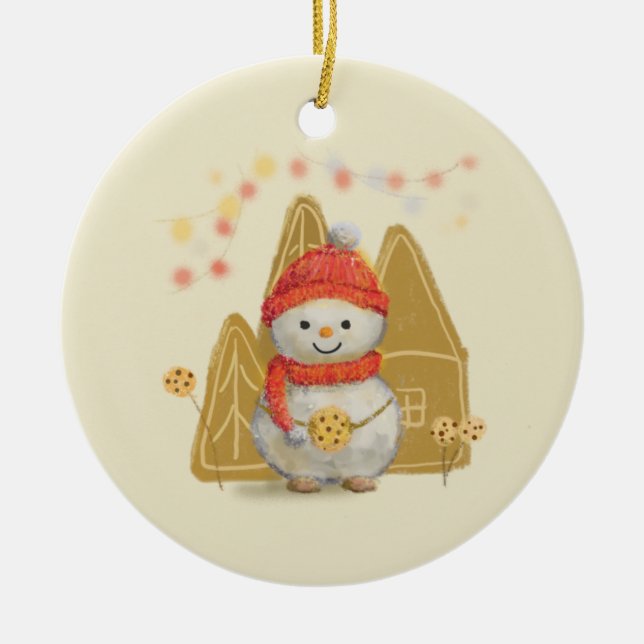 der kleine Schneemann und das Schokoladenkeks Keramik Ornament (Vorne)