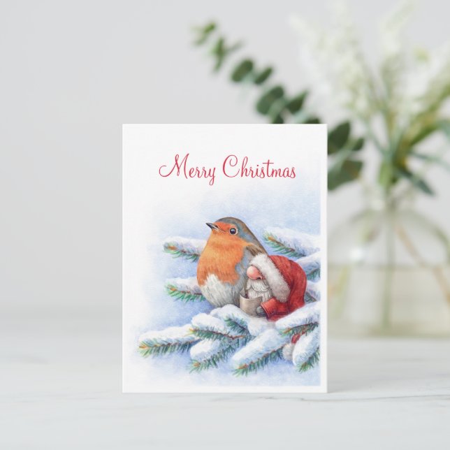 Der kleine Weihnachtsmann mit einem roten Rotkehlc Postkarte (Stehend Vorderseite)