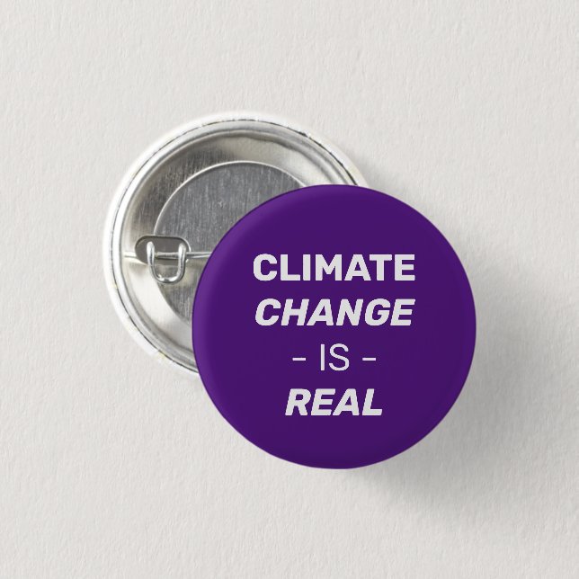 Der Klimawandel ist ein lila und weißer Button (Vorne & Hinten)