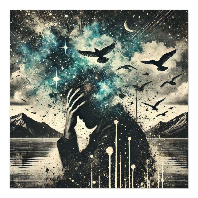 Der Kopf des Menschen in den Händen mit Starry Sky Fotodruck (Vorne)