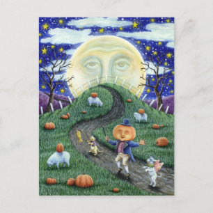 DER KÜRBISMANN TREFFEN DEN MANN IM MOND, HALLOWEEN POSTKARTE