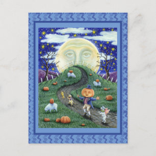 DER KÜRBISMANN TRIFFT DEN MANN IM MOND, HALLOWEEN POSTKARTE
