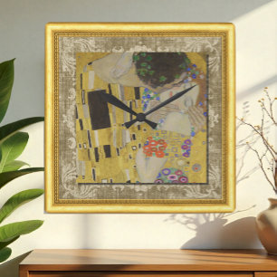 Der Kuss, Gustav Klimt, Gerahmte Leinwand Quadratische Wanduhr