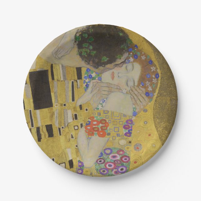 Der Kuss, Jugendstil-Ölgemälde, Gustav Klimt Pappteller (Vorderseite)