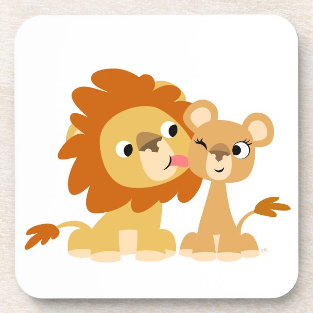 Der Kuss: Niedliche Cartoon Lion Couple Untersetze Getränkeuntersetzer (Vorderseite)
