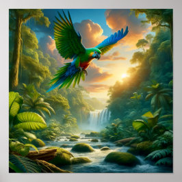 Der lebendige Amazonas-Parrot im üppigen Regenwald Poster