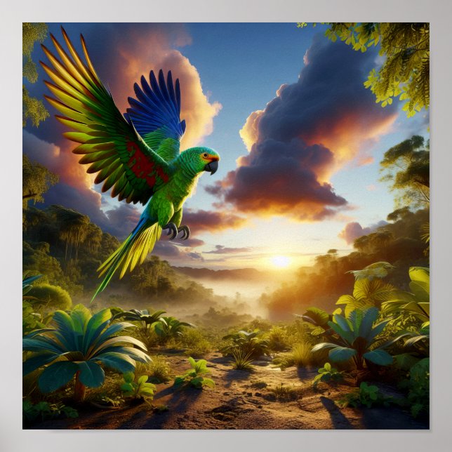 Der lebendige Amazonas-Parrot im üppigen Regenwald Poster (Vorne)
