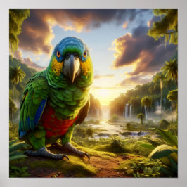 Der lebendige Amazonas-Parrot im üppigen Regenwald Poster
