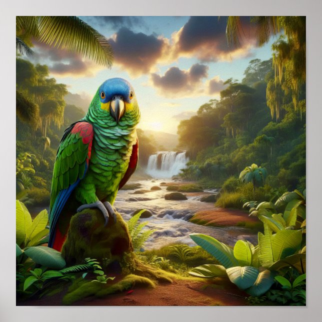Der lebendige Amazonas-Parrot im üppigen Regenwald Poster (Vorne)