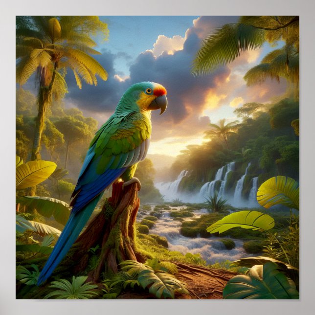 Der lebendige Amazonas-Parrot im üppigen Regenwald Poster (Vorne)