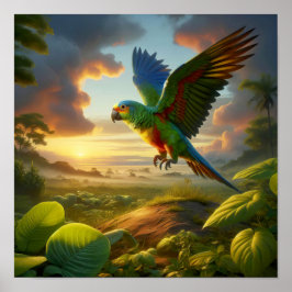 Der lebendige Amazonas-Parrot im üppigen Regenwald Poster
