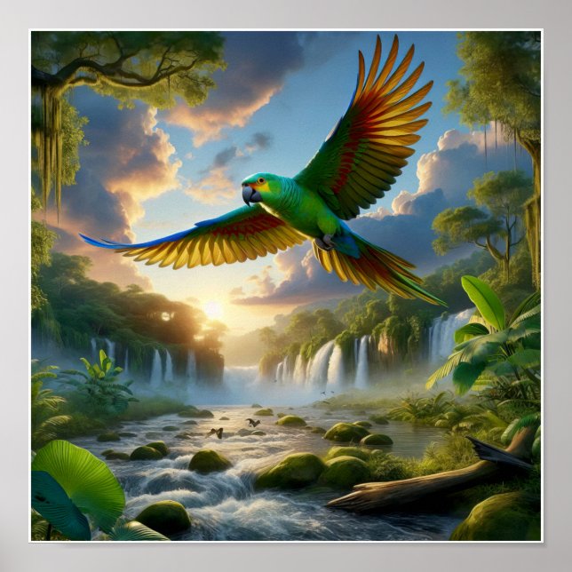 Der lebendige Amazonas-Parrot im üppigen Regenwald Poster (Vorne)