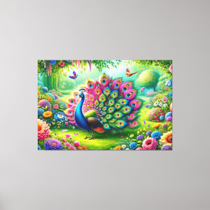 Der lebendige Pfau in einem Fantasy-Garten Malerei Leinwanddruck