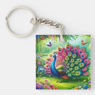 Der lebendige Pfau in einem Fantasy-Garten Malerei Schlüsselanhänger