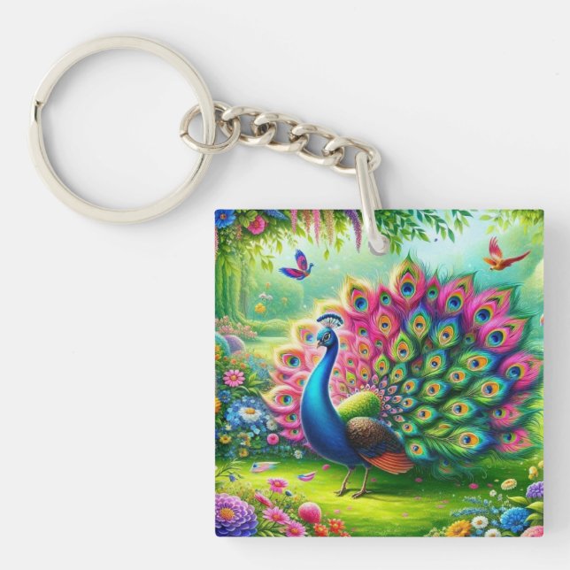 Der lebendige Pfau in einem Fantasy-Garten Malerei Schlüsselanhänger (Vorderseite)