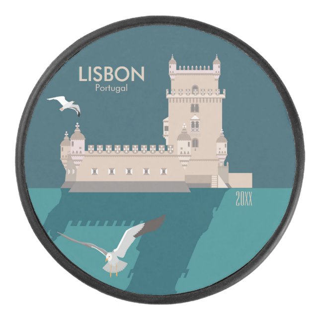 Der Lissaboner Turm von Belem im Stil eines alten  Eishockey Puck (Vorderseite)