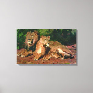 Der Löwe bei der Zuhause (mit Lioness und Löwenjun Leinwanddruck