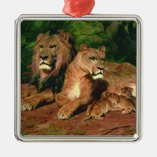 Der Löwe bei der Zuhause (mit Lioness und Löwenjun Ornament Aus Metall (Vorne)