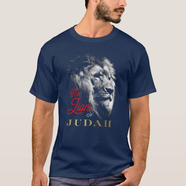 Der Löwe von Judah Navy Blue Red Gold Christlich T-Shirt (Vorderseite)