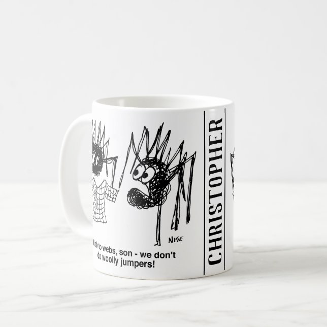 Der lustige Cartoon der Spinnen - Einer hat einen  Kaffeetasse (Vorderseite Links)