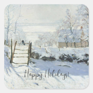 Der Magpie von Claude Monet Happy Holiday Quadratischer Aufkleber