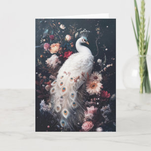 Der majestätische weiße Pfau, umgeben von Blüten Karte