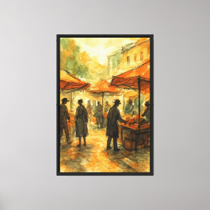 Der Markt der belebten Straße mit Wasserfarben und Leinwanddruck