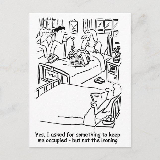 Der Mensch bringt Bügeln zur Ehefrau im Krankenhau Postkarte (Vorderseite)