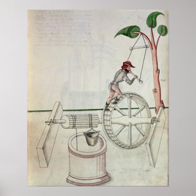 Der Mensch, der einen radergetriebenen Brunnen in  Poster (Vorne)